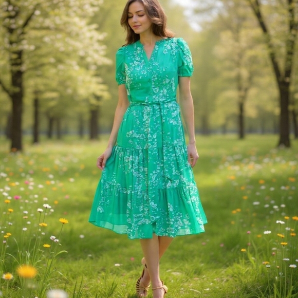 Nanette Lepore Dresses & Skirts - US8🍀Nanette Lepore Green Floral Belted Midi Dress